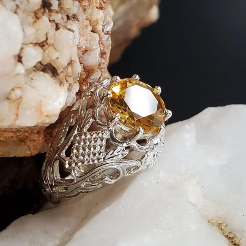Sterling 925 Silver Ring Natural Citrine Gem Luxury Gift for Woman